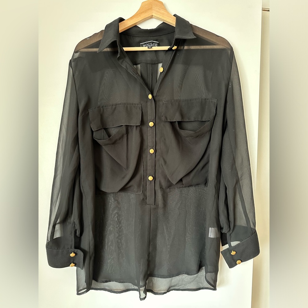 Boulee Black Sheer Blouse size 0 black top Button Down, Long Sleeve Shirt Sheer